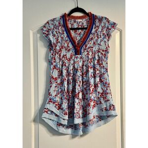 Poupette St Barth Floral Blouse Women XS Blue Red Excellent Boho Pintuck Fringe